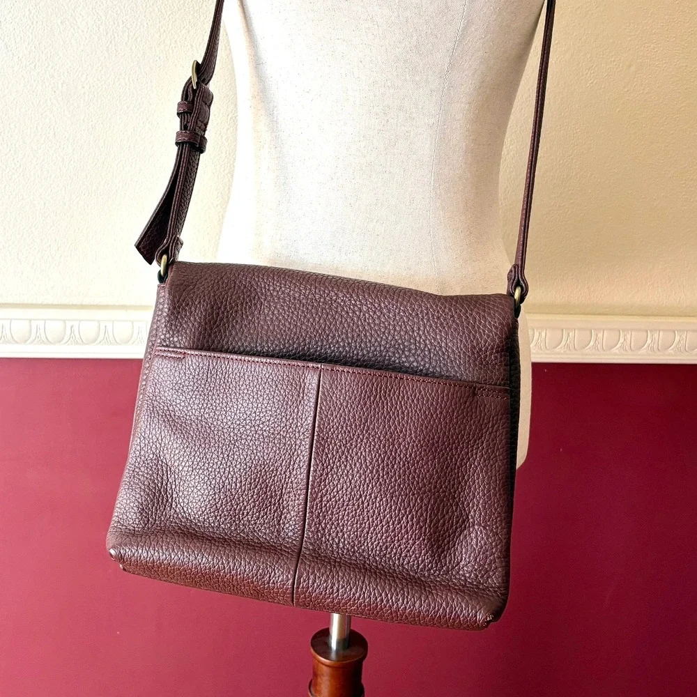 Tignanello Burgundy Pebbled Leather Suede Double Foldover Crossbody Shoulder Bag - Picture 6 of 16